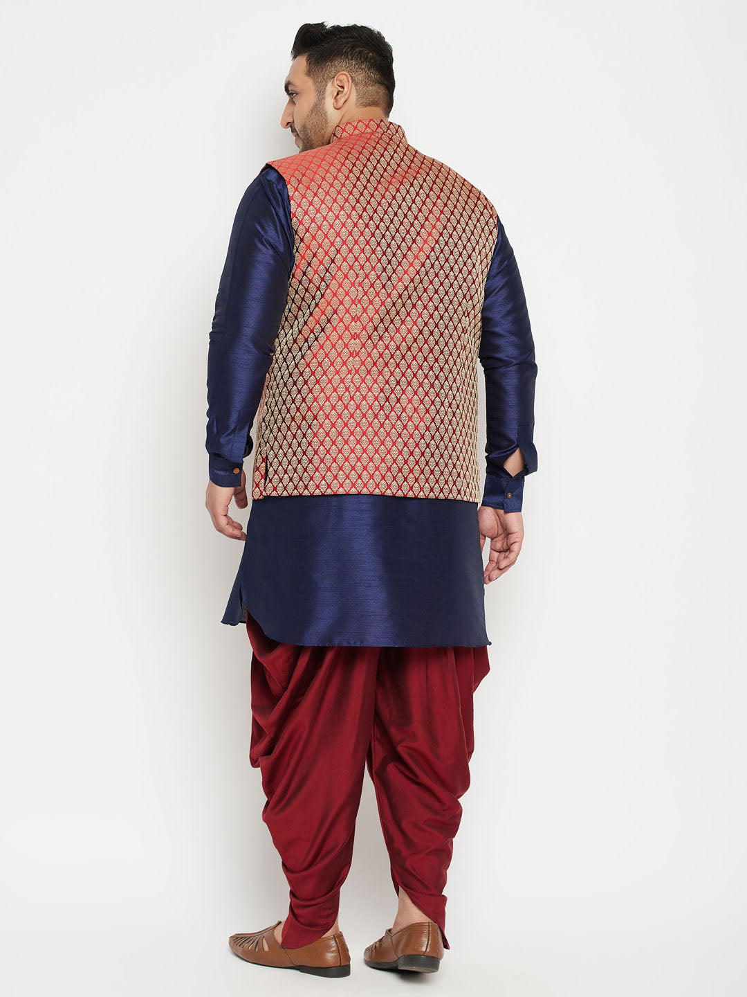 Men's Plus Size Navy Blue And Maroon Silk Blend Jacket Kurta Dhoti Pant Set