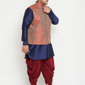 Men's Plus Size Navy Blue And Maroon Silk Blend Jacket Kurta Dhoti Pant Set