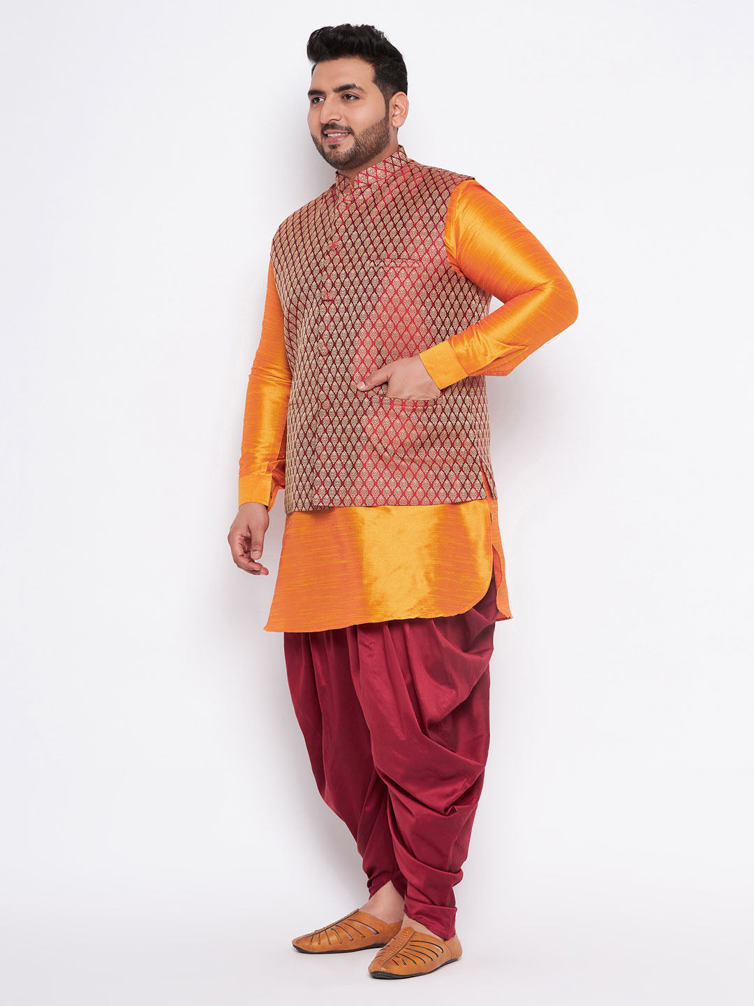 Men's Plus Size Maroon Woven Jacket And Orange Kurta And Dhoti Set