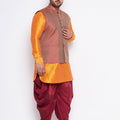 Men's Plus Size Maroon Woven Jacket And Orange Kurta And Dhoti Set