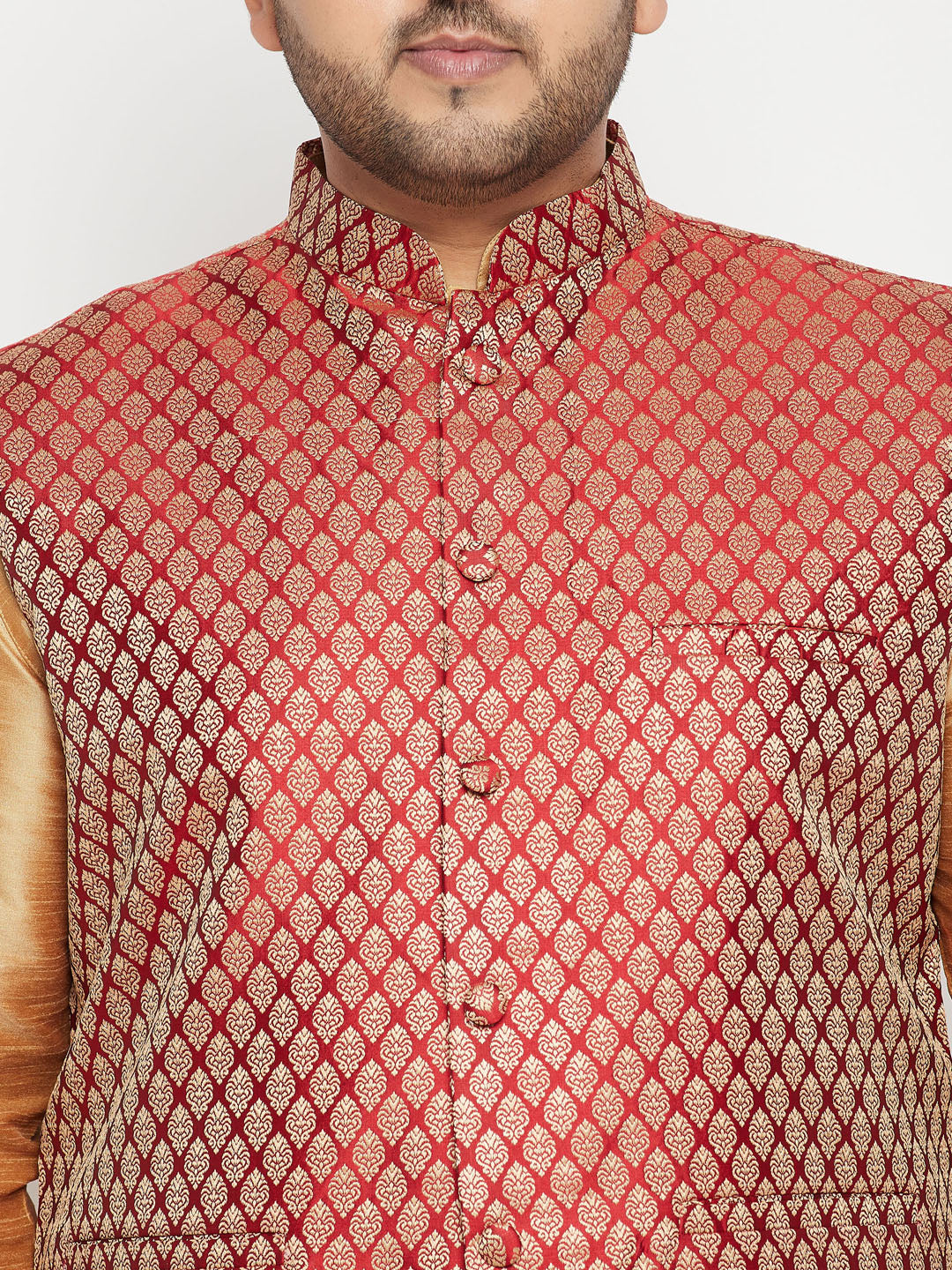 Men's Plus Size Rose Gold And Maroon Silk Blend Jacket Kurta Dhoti Pant Set
