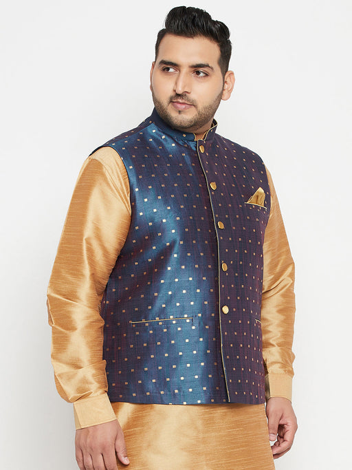 Men's Plus Size Blue Zari Weaved Nehru Jacket
