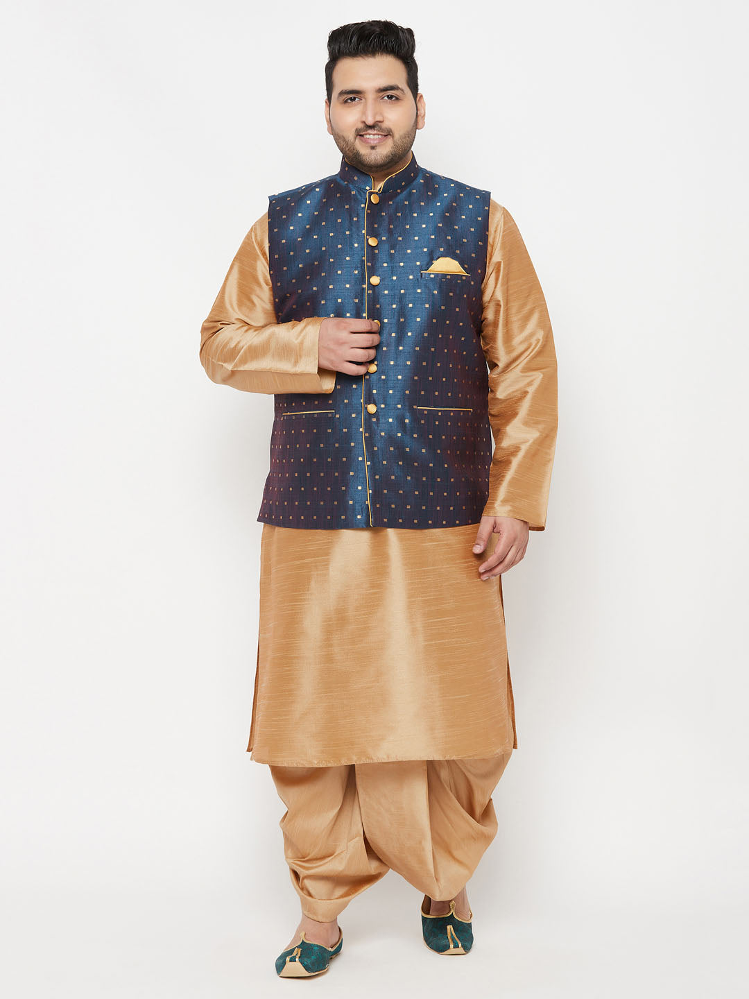 Plus Men's Blue Zari Weaved Nehru Jacket With Kurta Dhoti Set
