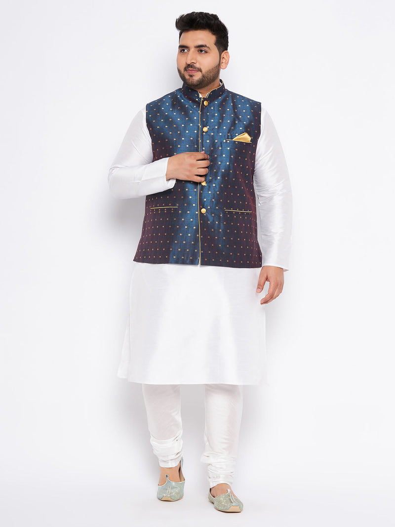 Men's Plus Size Blue Zari Weaved Nehru Jacket With Kurta Pyjama Set