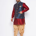 Men's Plus Size Blue Zari Weaved Nehru Jacket With Curved Kurta Dhoti Set
