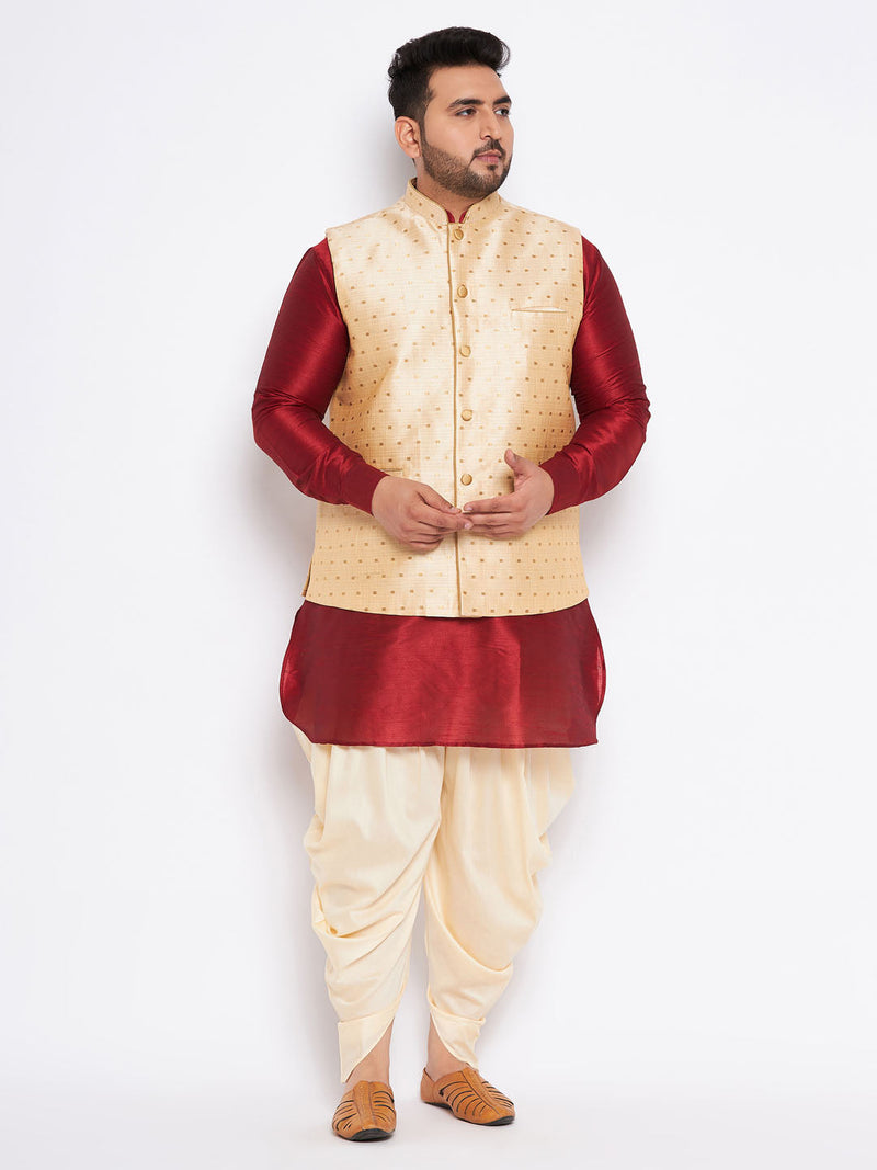 Men's Plus Size Gold Zari Weaved Nehru Jacket With Curved Kurta Dhoti Set