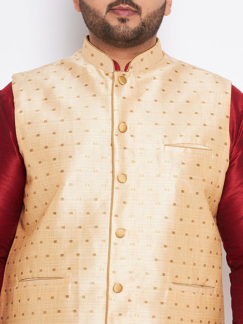 Men's Plus Size Gold Zari Weaved Nehru Jacket With Curved Kurta Dhoti Set