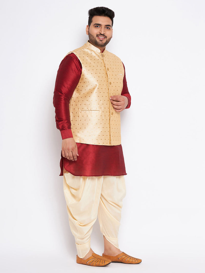 Men's Plus Size Gold Zari Weaved Nehru Jacket With Curved Kurta Dhoti Set