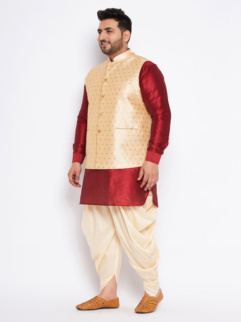 Men's Plus Size Gold Zari Weaved Nehru Jacket With Curved Kurta Dhoti Set