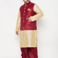 Plus Men's Maroon Zari Weaved Nehru Jacket With Kurta Dhoti Set