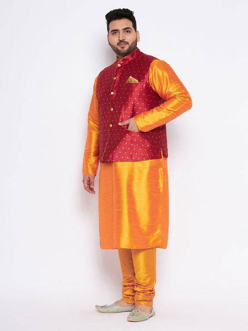 Men's Plus Size Maroon Zari Weaved Nehru Jacket With Kurta Pyjama Set