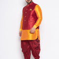Men's Plus Size Maroon Zari Weaved Nehru Jacket With Curved Kurta Dhoti Set