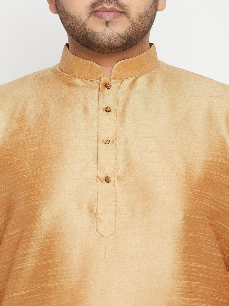 Men's Plus Size Rose Gold Zari Weaved Nehru Jacket With Curved Kurta Dhoti Set