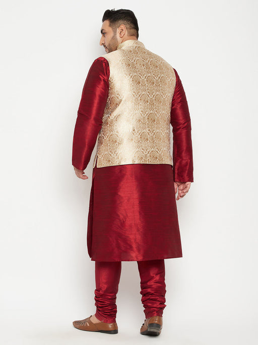 Men's Plus Size Maroon And Rose Gold Brocade Silk Blend Jacket Kurta Pyjama Set