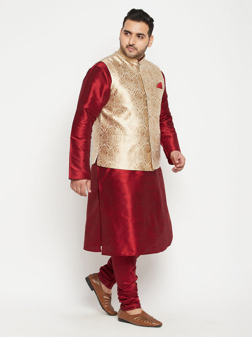 Men's Plus Size Maroon And Rose Gold Brocade Silk Blend Jacket Kurta Pyjama Set