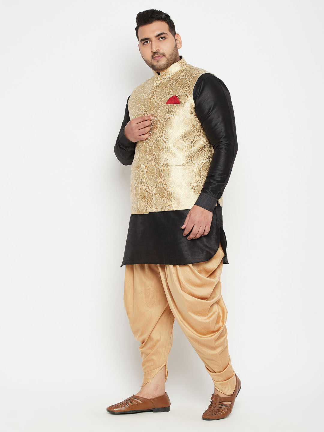 Men's Plus Size Rose Gold And Black Silk Blend Jacket Kurta Dhoti Pant Set
