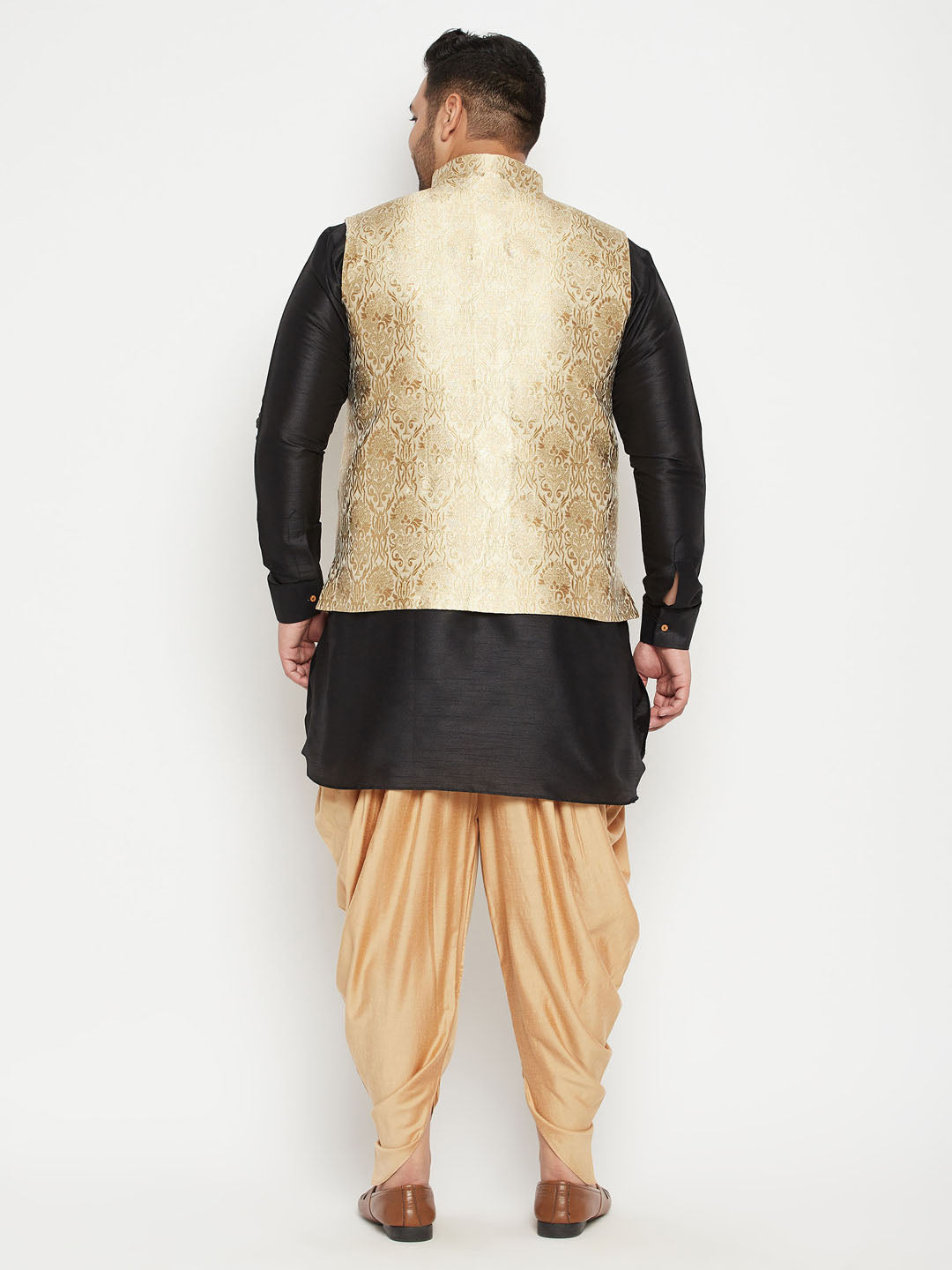 Men's Plus Size Rose Gold And Black Silk Blend Jacket Kurta Dhoti Pant Set