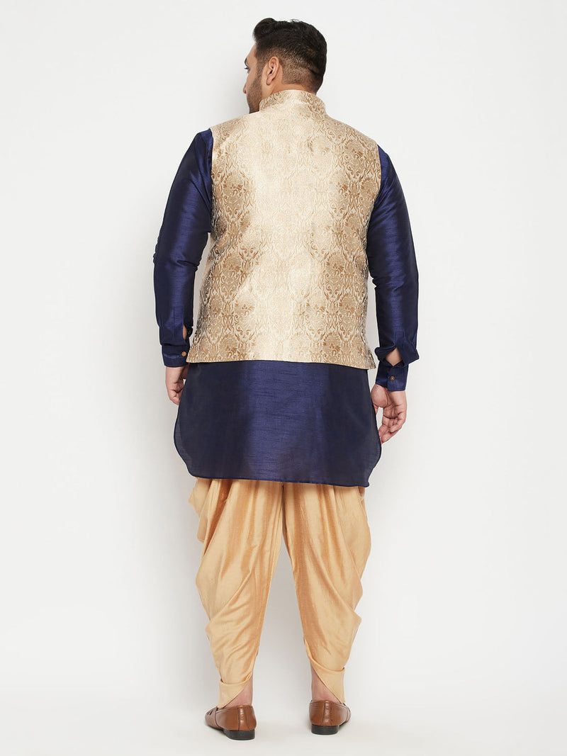 Men's Plus Size Rose Gold And Navy Blue Silk Blend Jacket Kurta Dhoti Pant Set