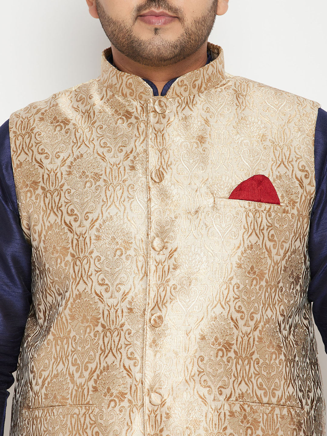 Men's Plus Size Rose Gold And Navy Blue Silk Blend Jacket Kurta Dhoti Pant Set