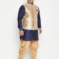 Men's Plus Size Rose Gold And Navy Blue Silk Blend Jacket Kurta Dhoti Pant Set