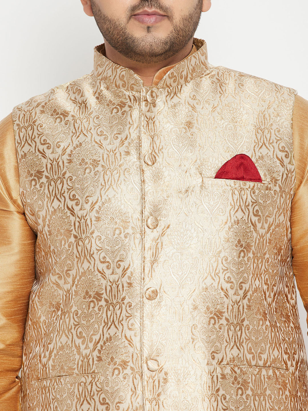 Men's Plus Size Rose Gold Brocade Silk Blend Jacket Kurta Dhoti Pant Set