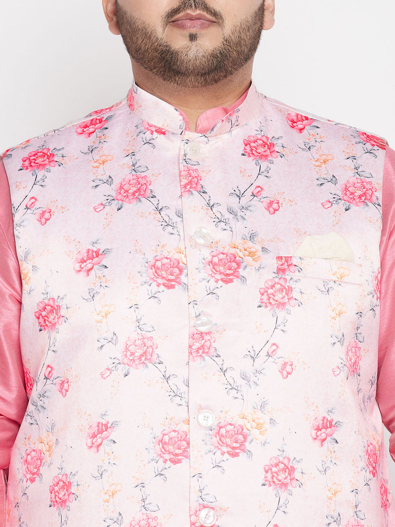 Men's Plus Size Peach Floral Print Silk Blend Nehru Jacket