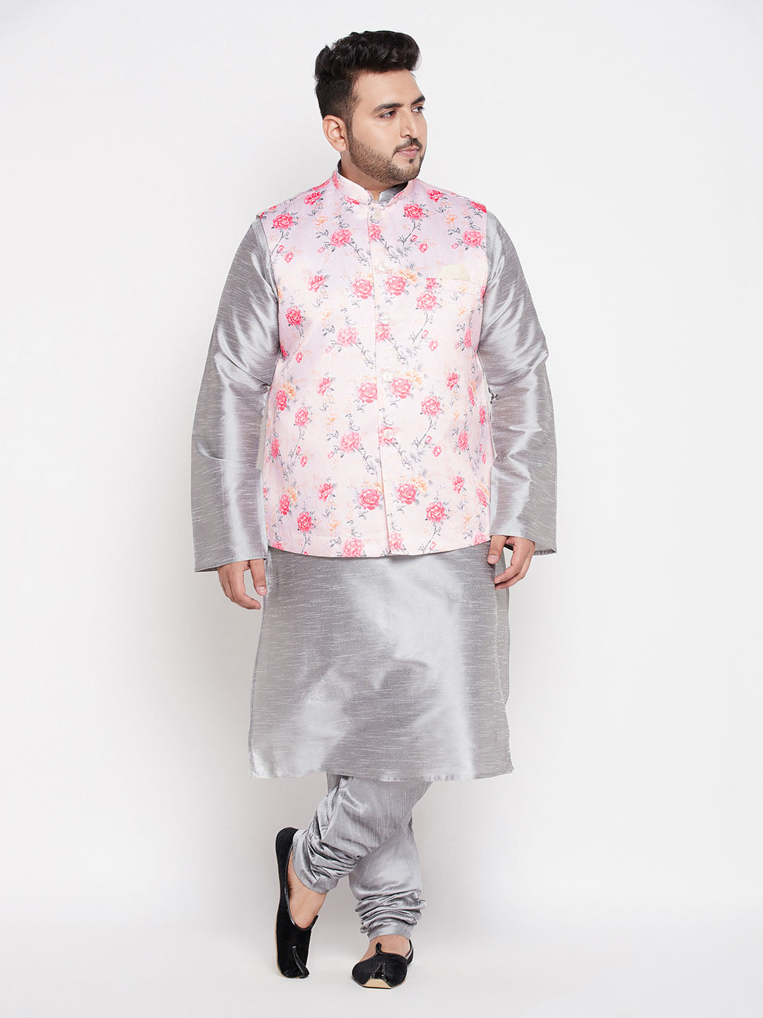 Men's Plus Size Peach Floral Printed Jacket With Grey Solid Kurta Pyjama Set