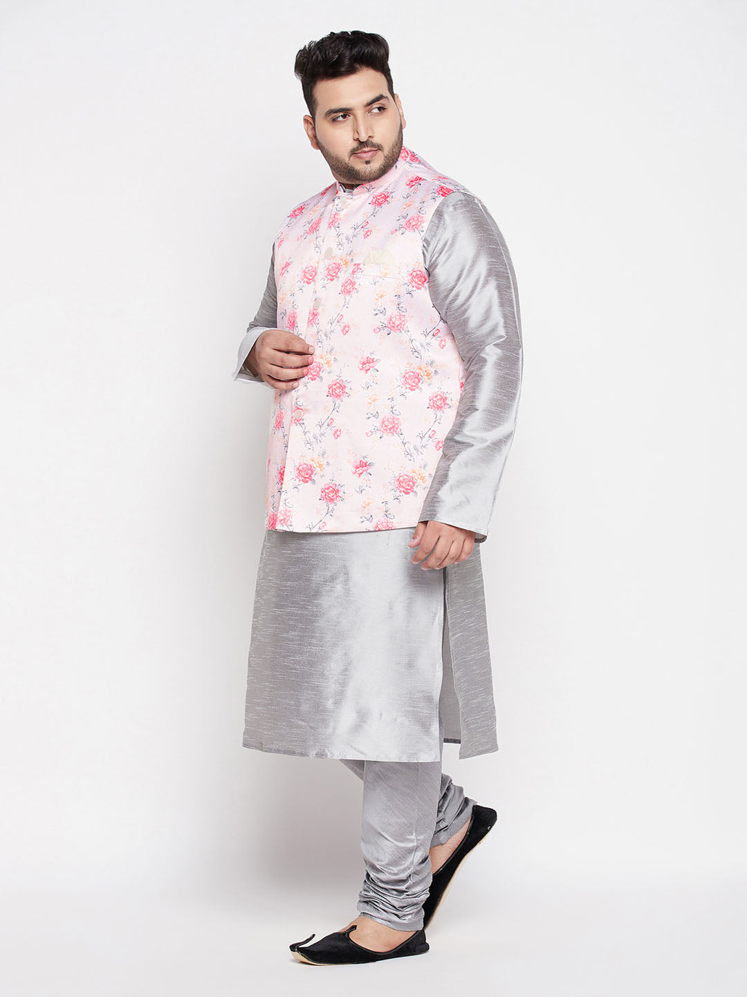 Men's Plus Size Peach Floral Printed Jacket With Grey Solid Kurta Pyjama Set