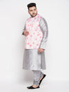 Men's Plus Size Peach Floral Printed Jacket With Grey Solid Kurta Pyjama Set
