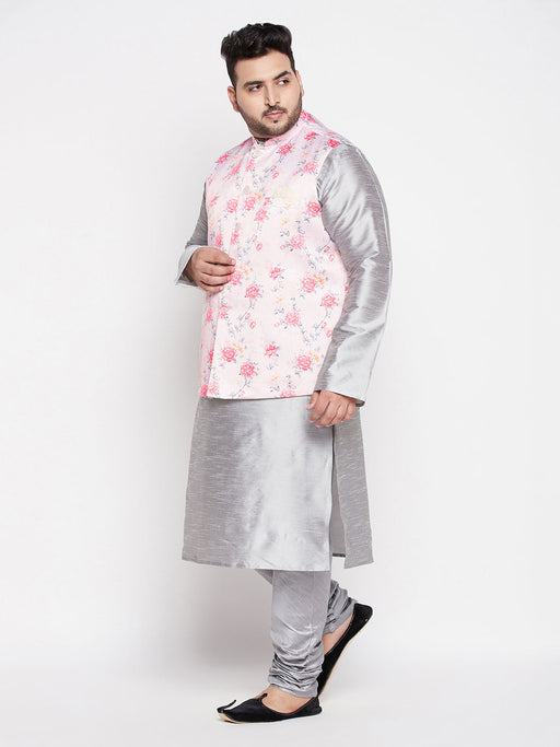 Men's Plus Size Peach Floral Printed Jacket With Grey Solid Kurta Pyjama Set