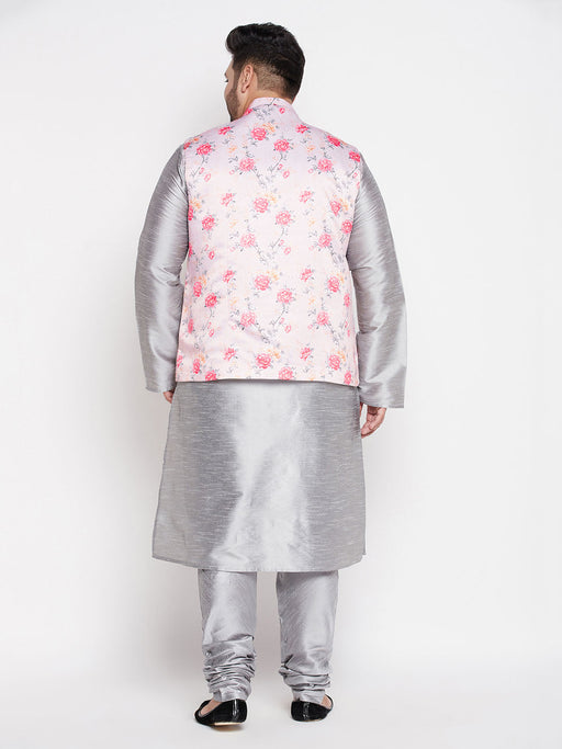 Men's Plus Size Peach Floral Printed Jacket With Grey Solid Kurta Pyjama Set