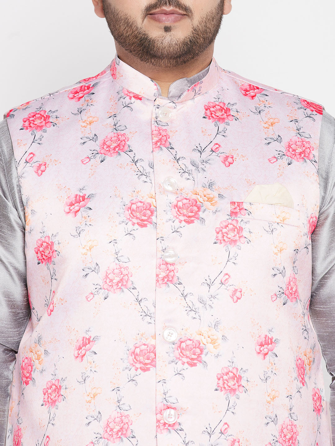 Men's Plus Size Peach Floral Printed Jacket With Grey Solid Kurta Pyjama Set