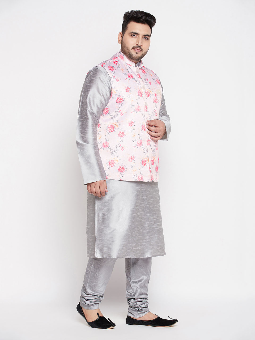 Men's Plus Size Peach Floral Printed Jacket With Grey Solid Kurta Pyjama Set