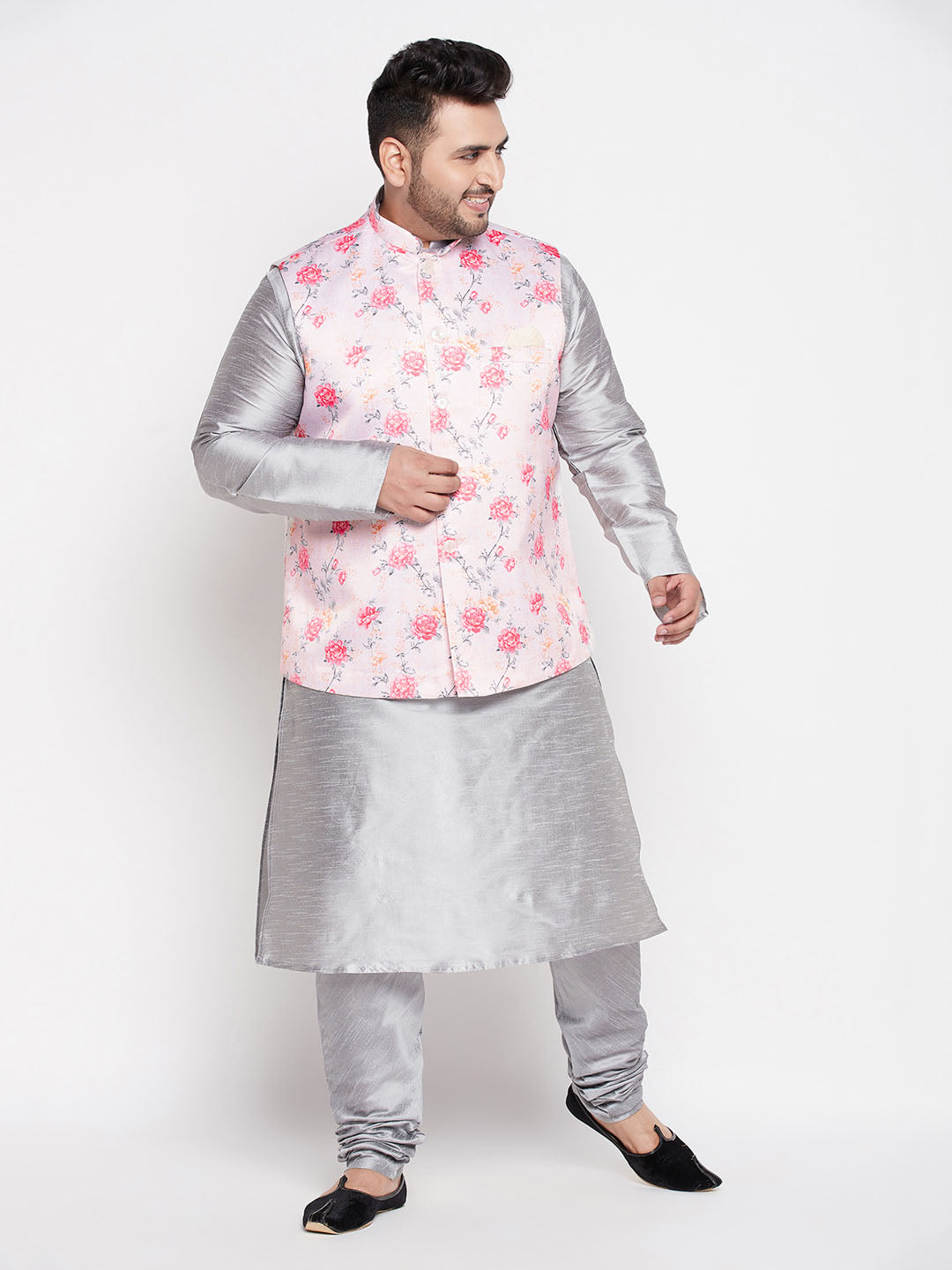 Men's Plus Size Peach Floral Printed Jacket With Grey Solid Kurta Pyjama Set