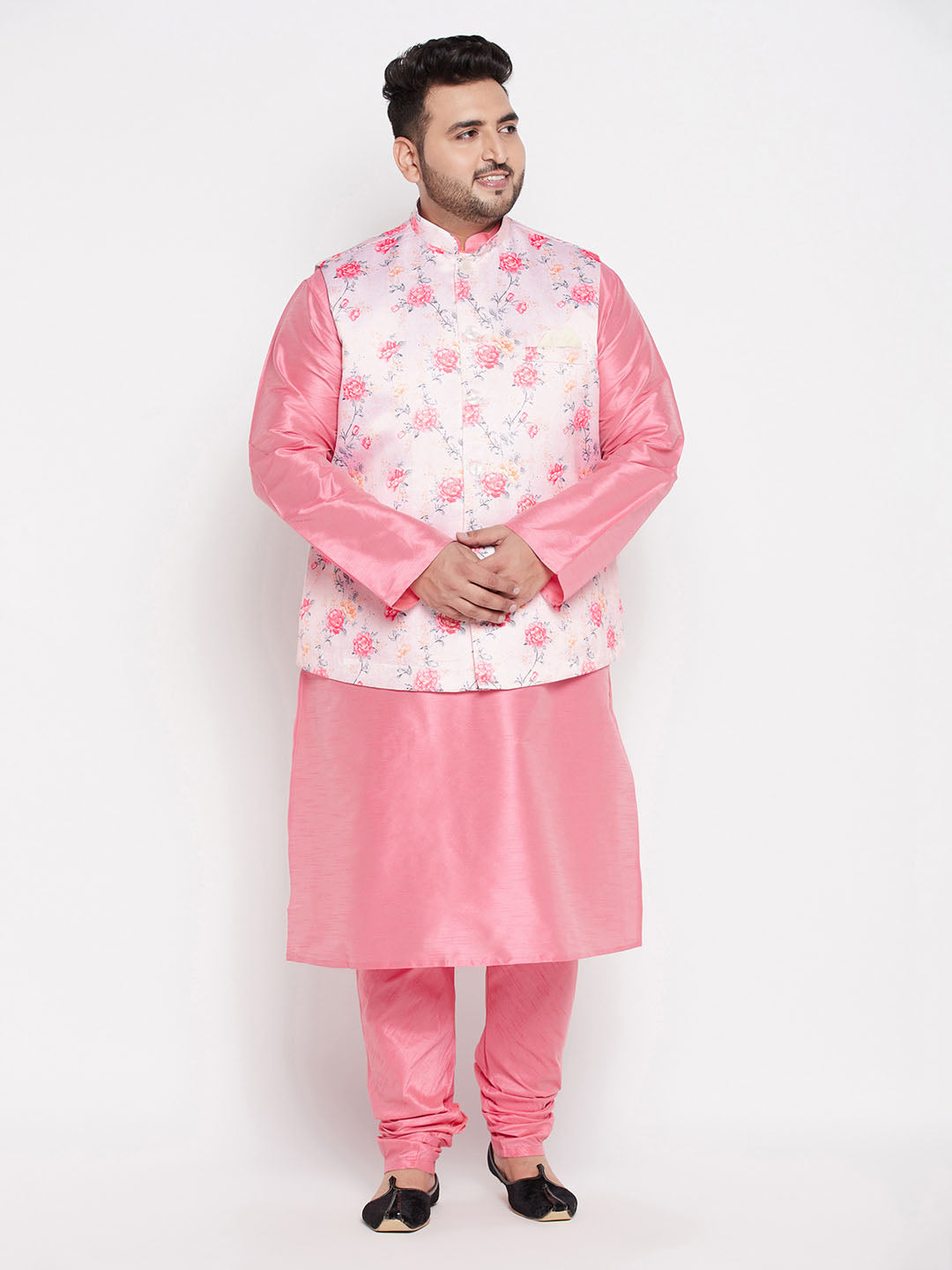Men's Plus Size Peach Floral Printed Jacket With Pink Solid Kurta Pyjama Set