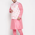 Men's Plus Size Peach Floral Printed Jacket With Pink Solid Kurta Pyjama Set