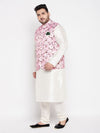 Men's Plus Size Pink Floral Printed Jacket With Cream Solid Kurta Pyjama Set
