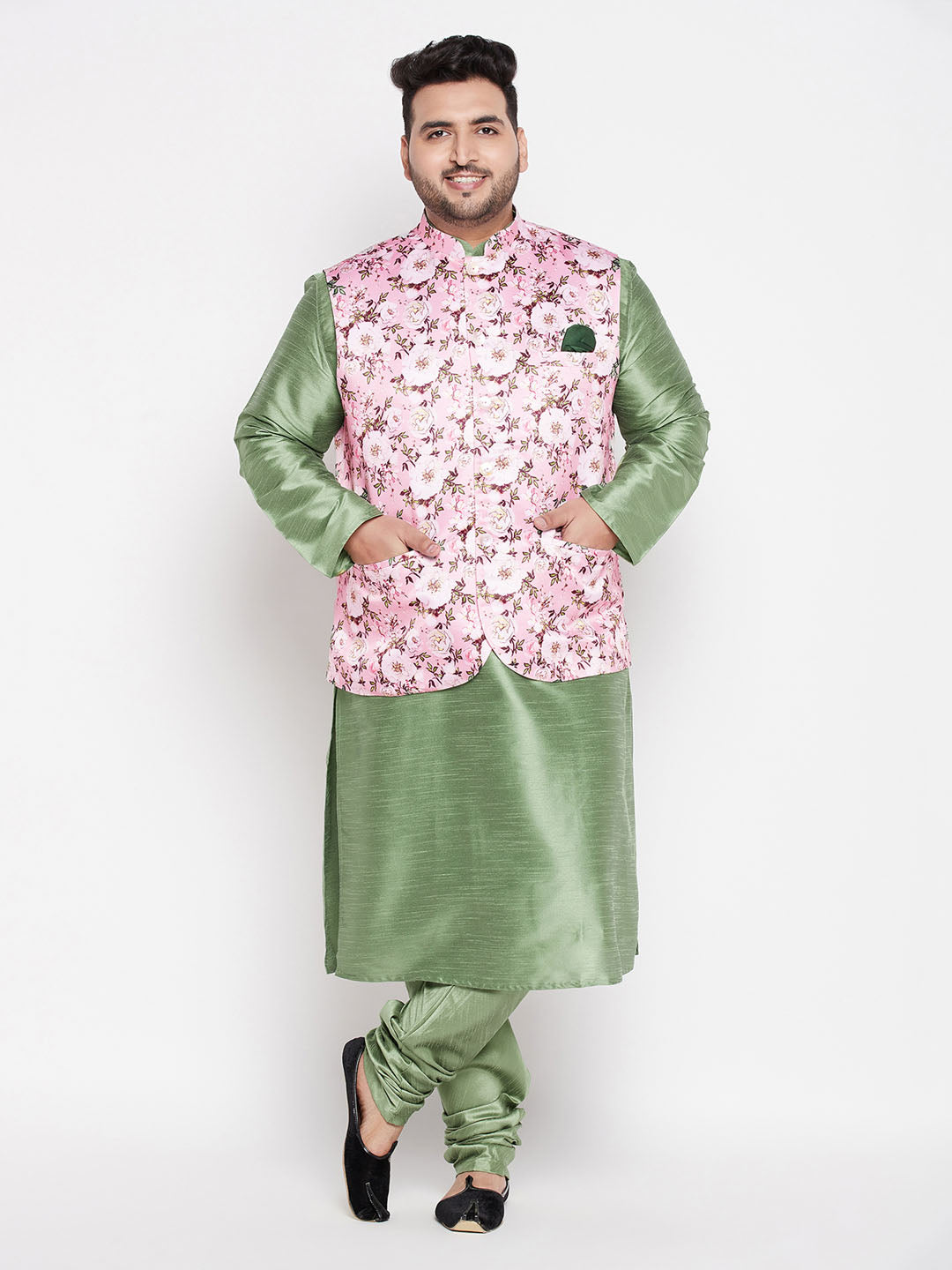 Men's Plus Size Pink Floral Printed Jacket With Mint Green Solid Kurta Pyjama Set
