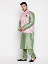 Men's Plus Size Pink Floral Printed Jacket With Mint Green Solid Kurta Pyjama Set