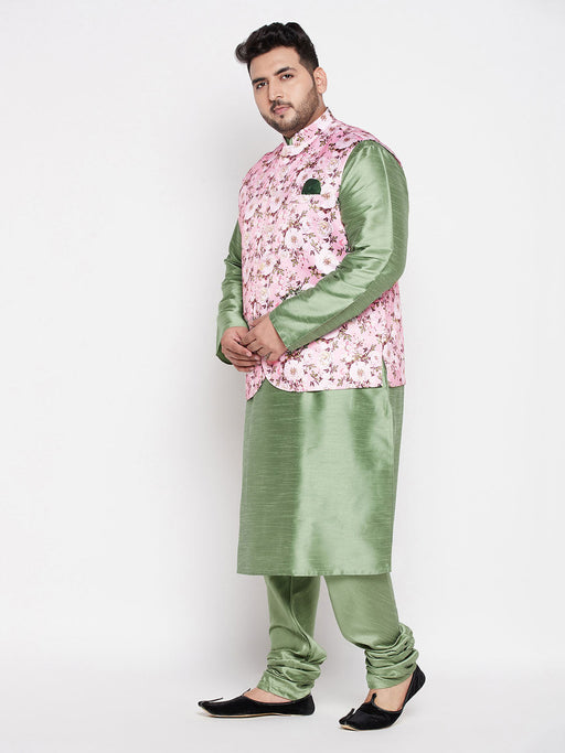 Men's Plus Size Pink Floral Printed Jacket With Mint Green Solid Kurta Pyjama Set