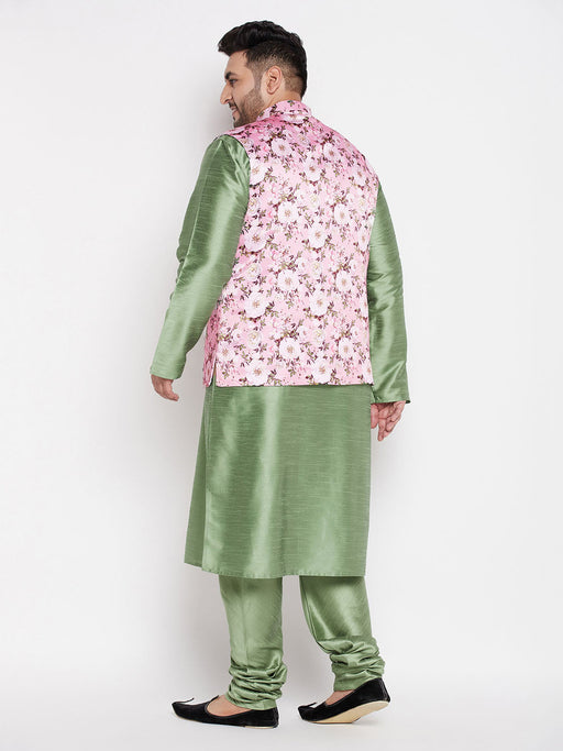 Men's Plus Size Pink Floral Printed Jacket With Mint Green Solid Kurta Pyjama Set