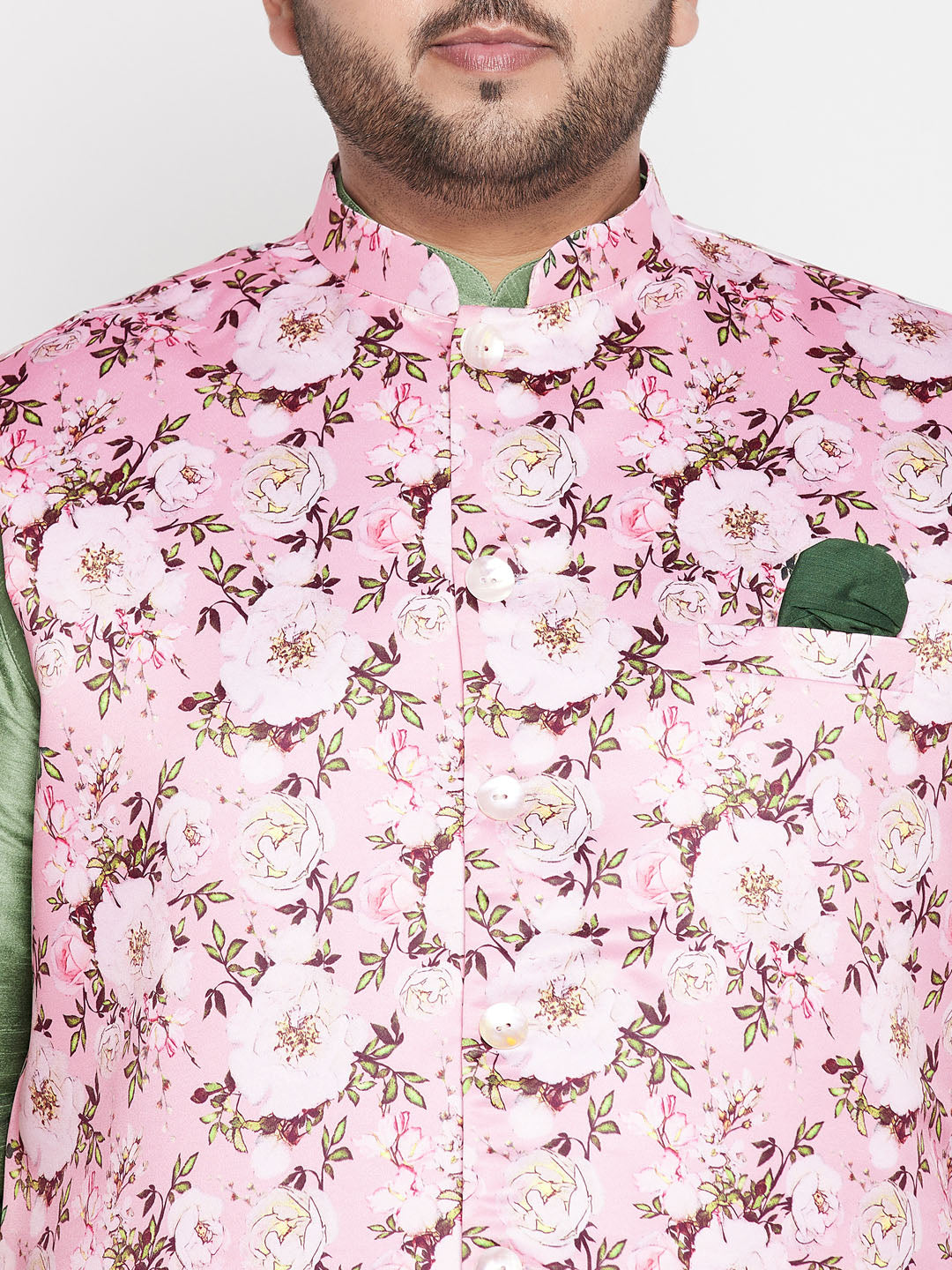 Men's Plus Size Pink Floral Printed Jacket With Mint Green Solid Kurta Pyjama Set