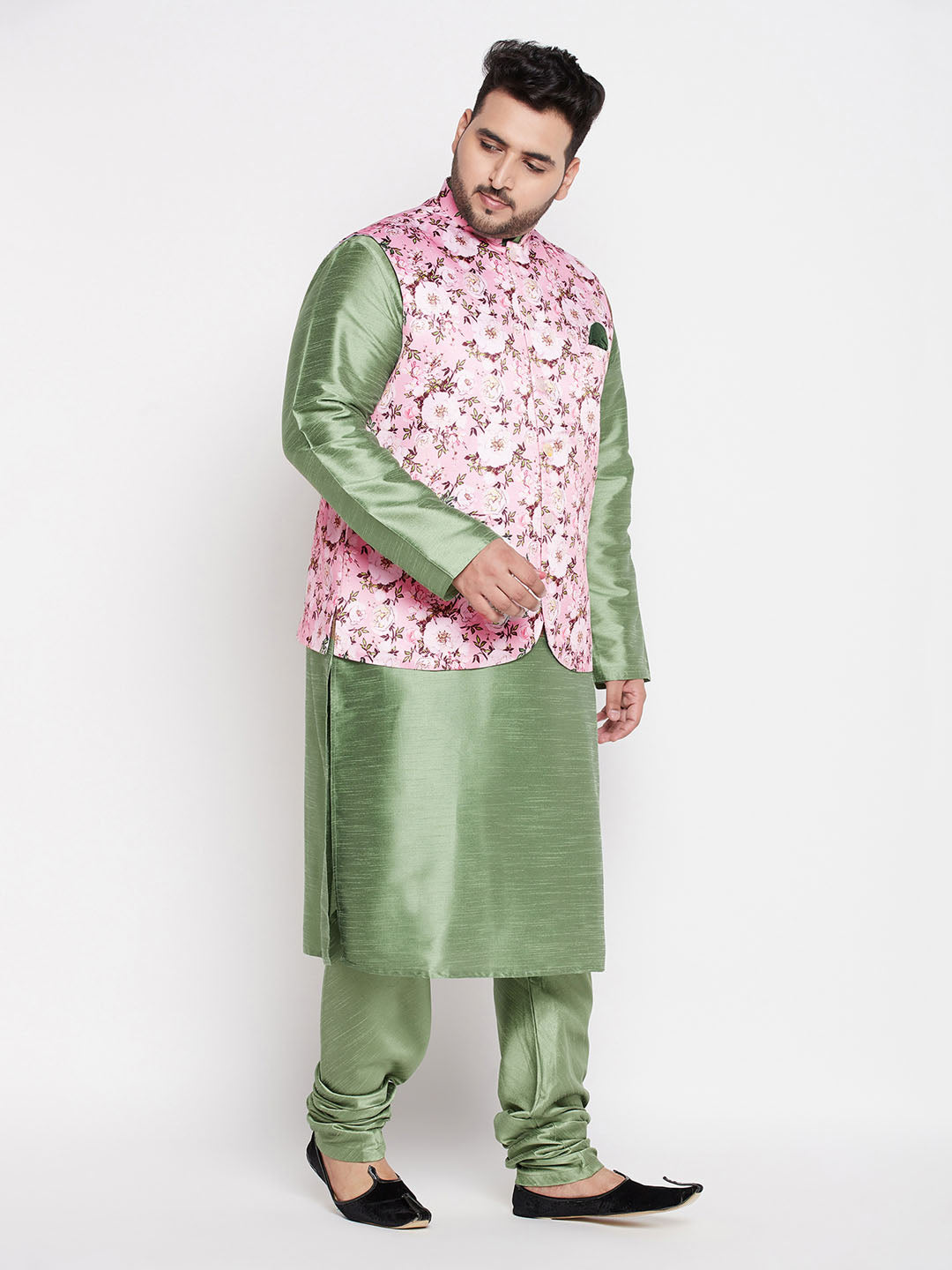 Men's Plus Size Pink Floral Printed Jacket With Mint Green Solid Kurta Pyjama Set