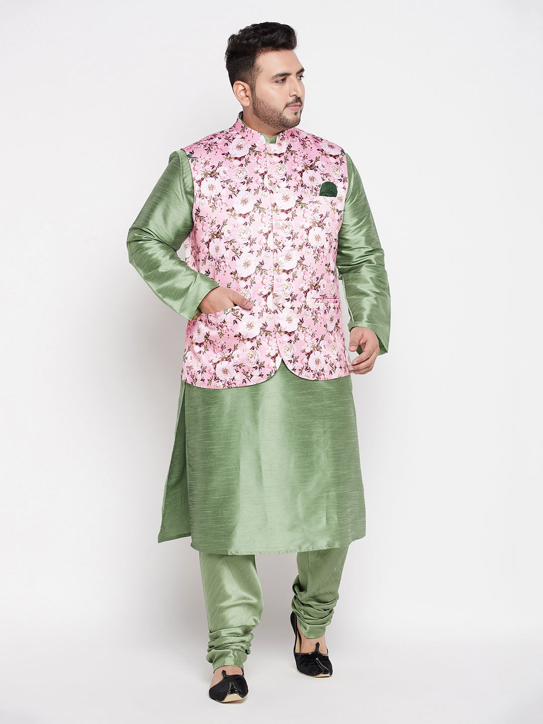 Men's Plus Size Pink Floral Printed Jacket With Mint Green Solid Kurta Pyjama Set