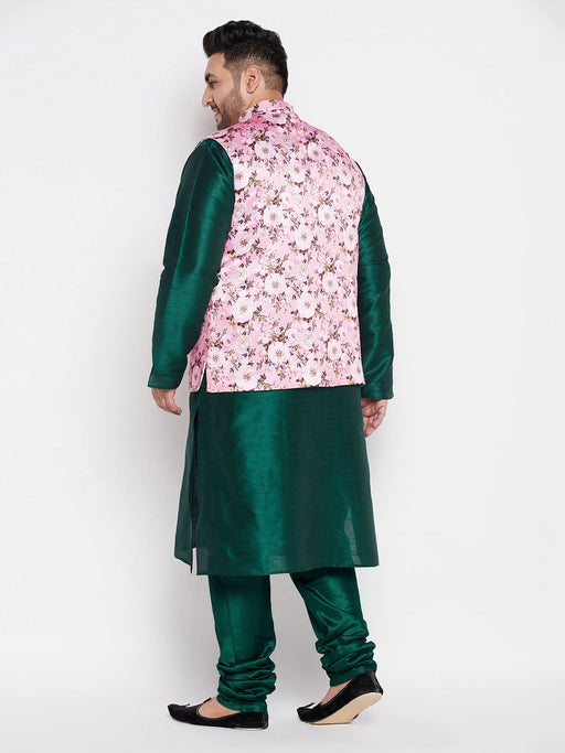 Men's Plus Size Pink Floral Printed Jacket With Green Solid Kurta Pyjama Set