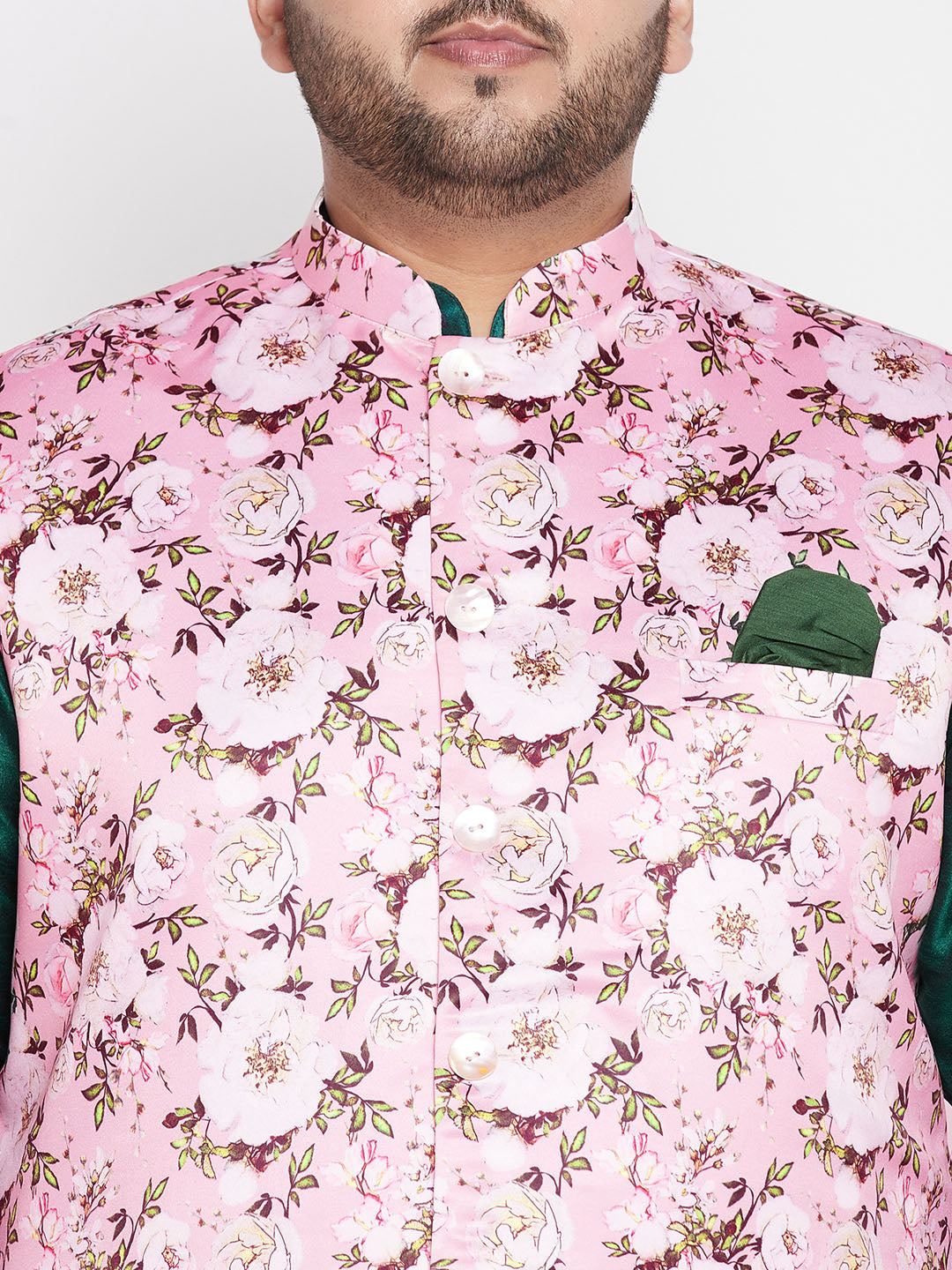 Men's Plus Size Pink Floral Printed Jacket With Green Solid Kurta Pyjama Set