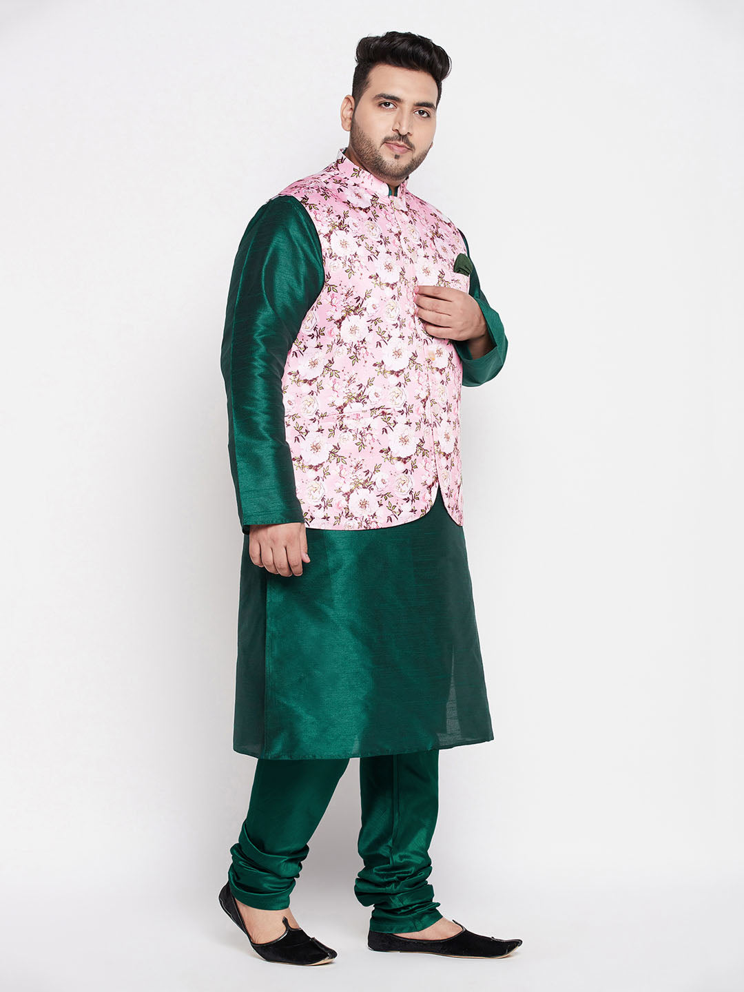 Men's Plus Size Pink Floral Printed Jacket With Green Solid Kurta Pyjama Set