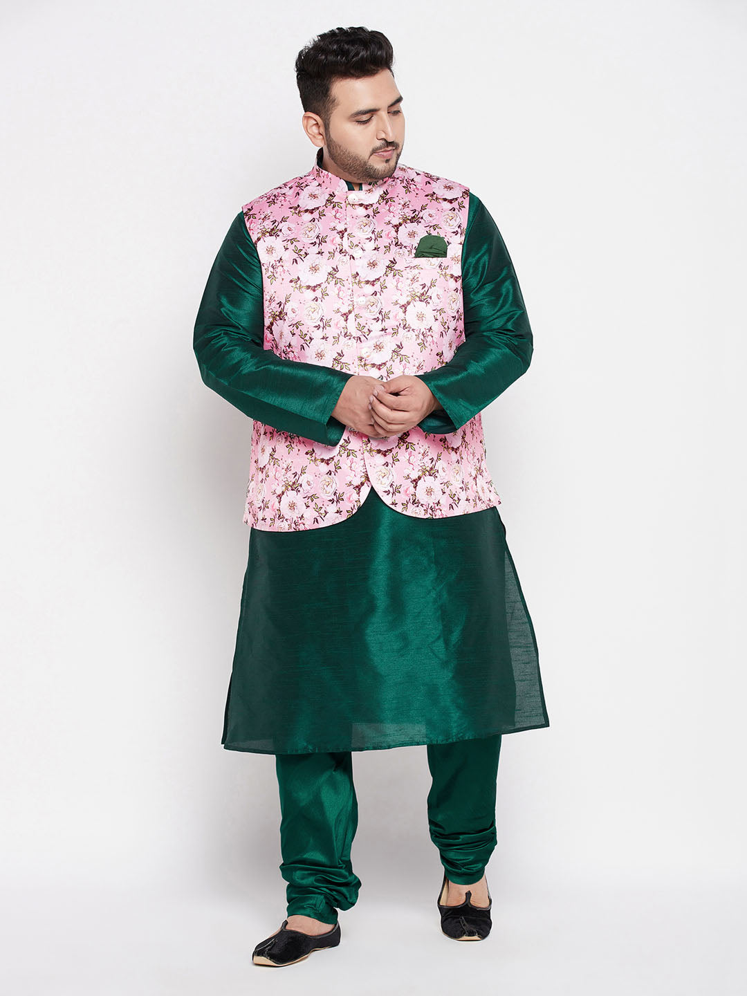 Men's Plus Size Pink Floral Printed Jacket With Green Solid Kurta Pyjama Set