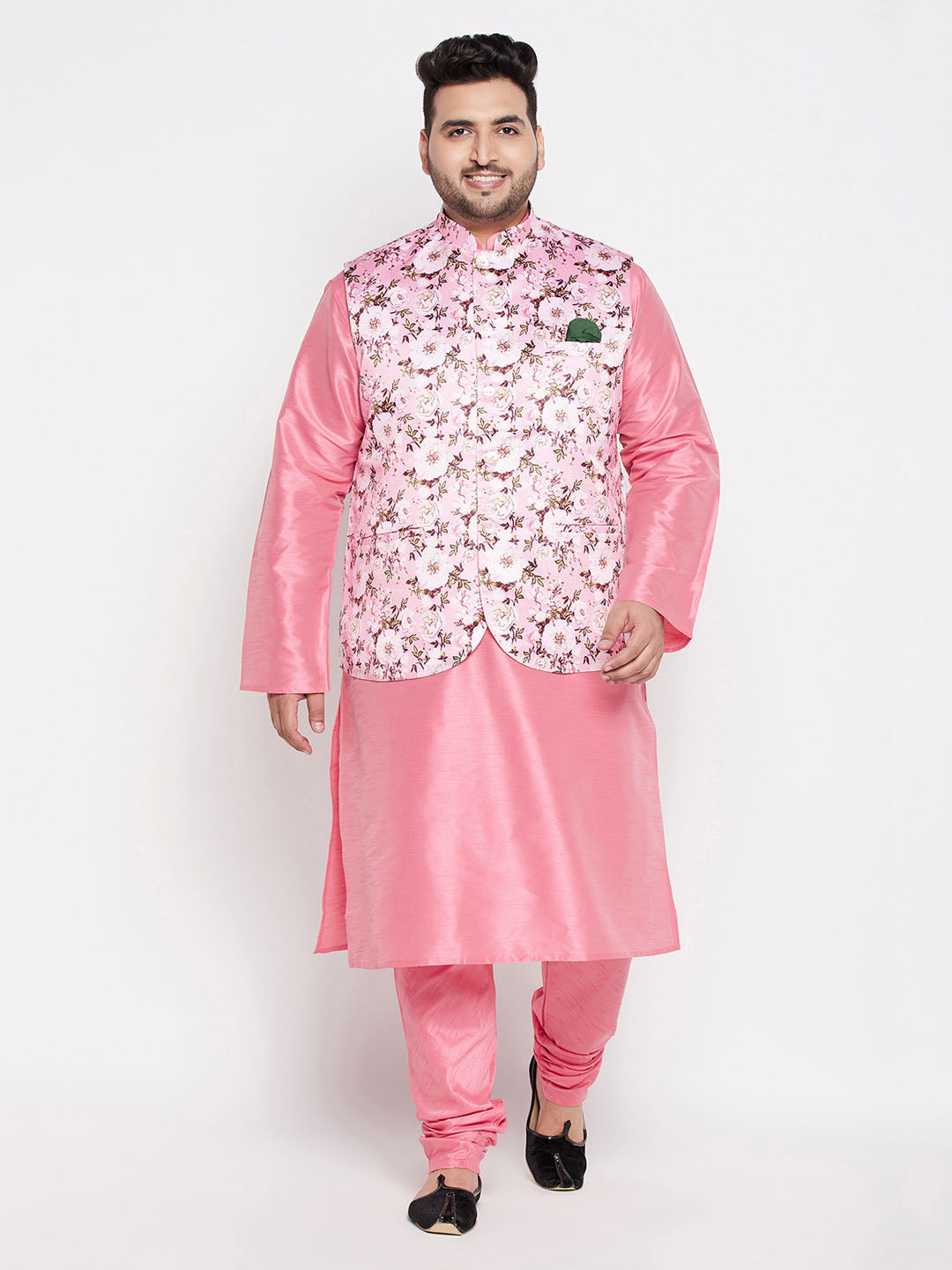 Men's Plus Size Pink Floral Printed Jacket With Pink Solid Kurta Pyjama Set