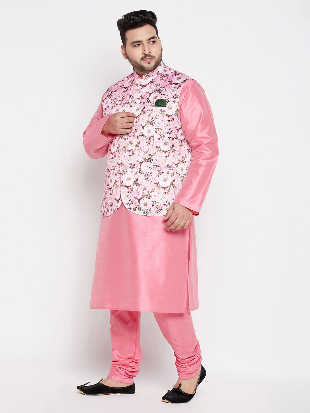 Men's Plus Size Pink Floral Printed Jacket With Pink Solid Kurta Pyjama Set
